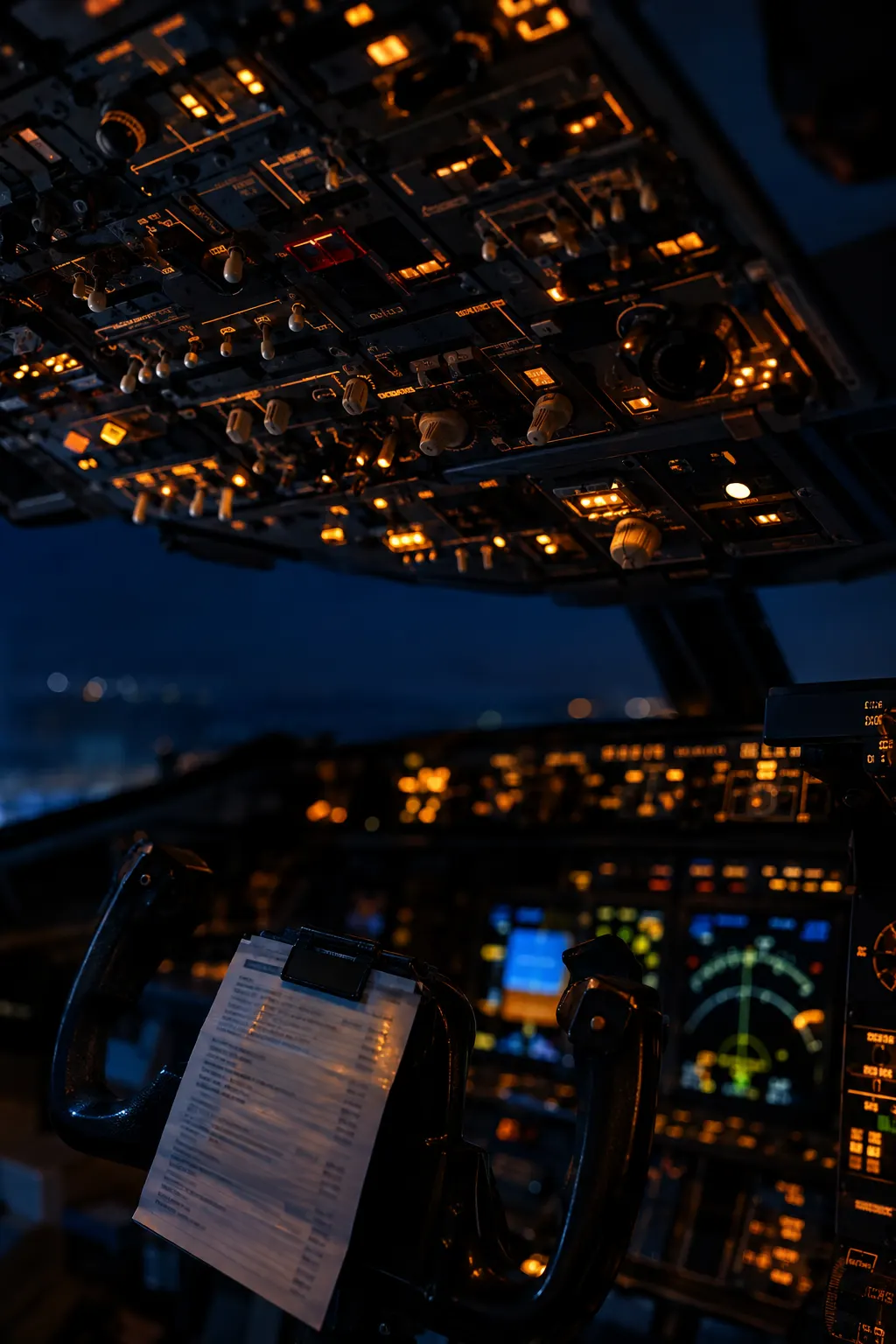 Cockpit d'avion avec une checklist accrochée au manche